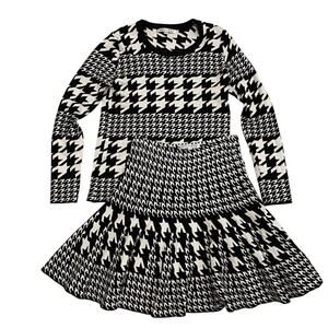 Joy Joy S/M Sweater Set | Houndstooth Print, Stretch Knit Streetwear, Skirt, Top